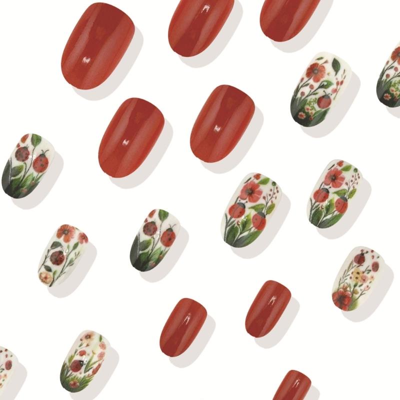 Floral Short Oval False Nail with Flower Pattern Acrylic Press On Nail Manicure Nail Decors for Holiday Celebrations