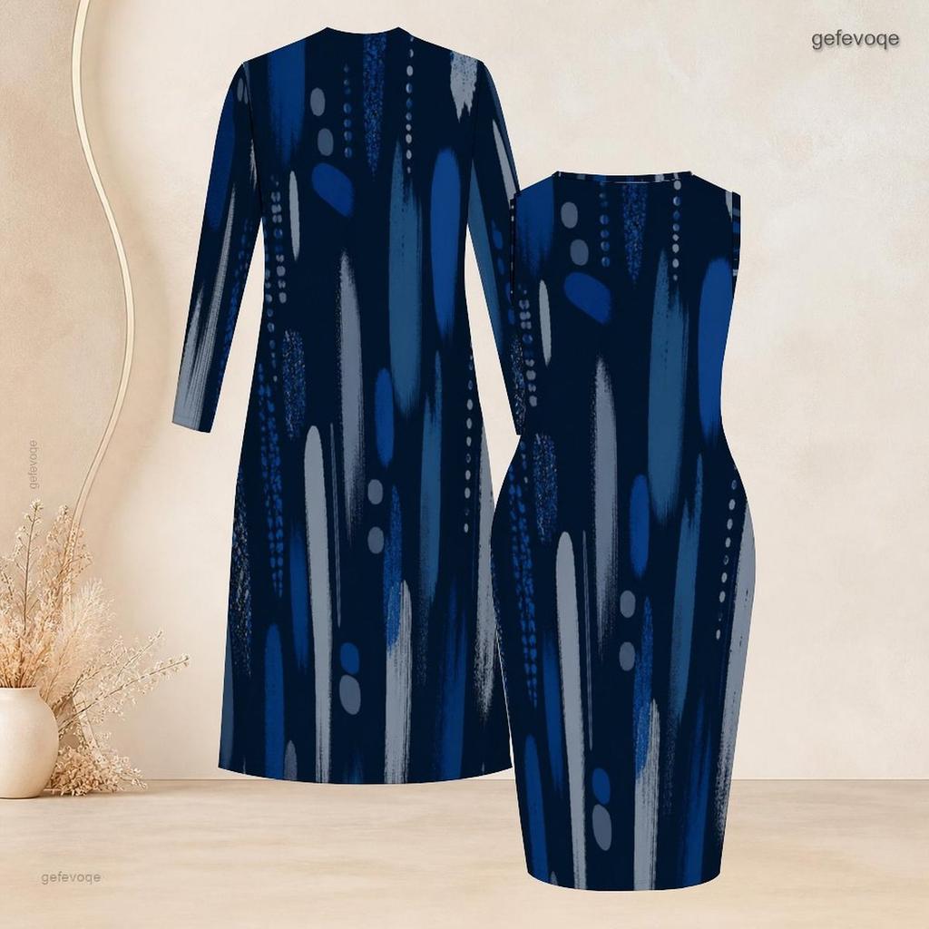 Women Plus Size Two Piece Set Printed Long Sleeve Open Front Cardigan Sleeveless Round Neck Bodycon Dress Dark Blue Black