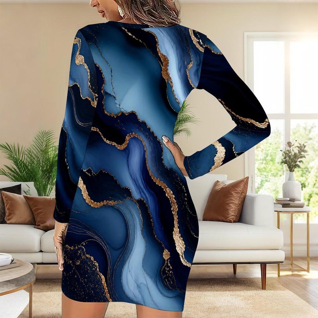 Women Plus Size Round Neck Long Sleeve Printed Teal Blue Gold Bodycon Mini Dress