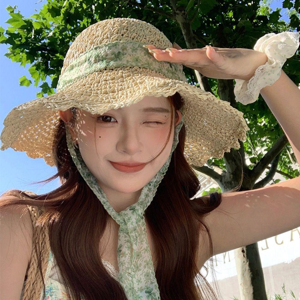 Big Brim Lace Straw Hat Spring Summer Women's Sun Hat Elegant Bow Ribbon Straw Hat  Lady