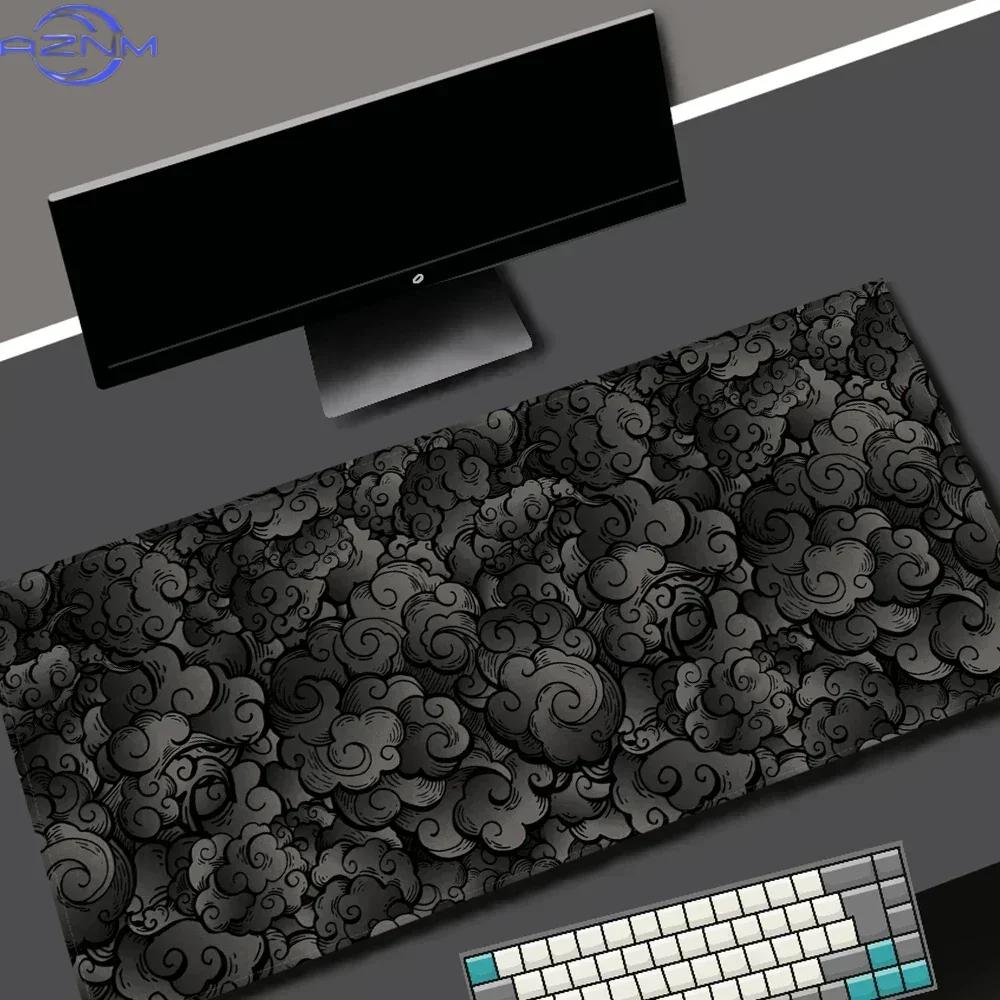 Black Chinese Cloud Pattern Large Mouse Pad Traditional Auspicious Cloud Nonslip Extended Desk Mat