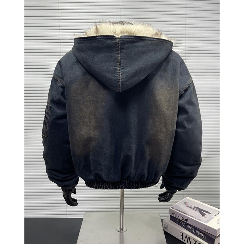 Giacca di jeans con cappuccio da uomo stile retrò americano - Cappotto invernale spesso, caldo, foderato in velluto con sensazione di alta gamma