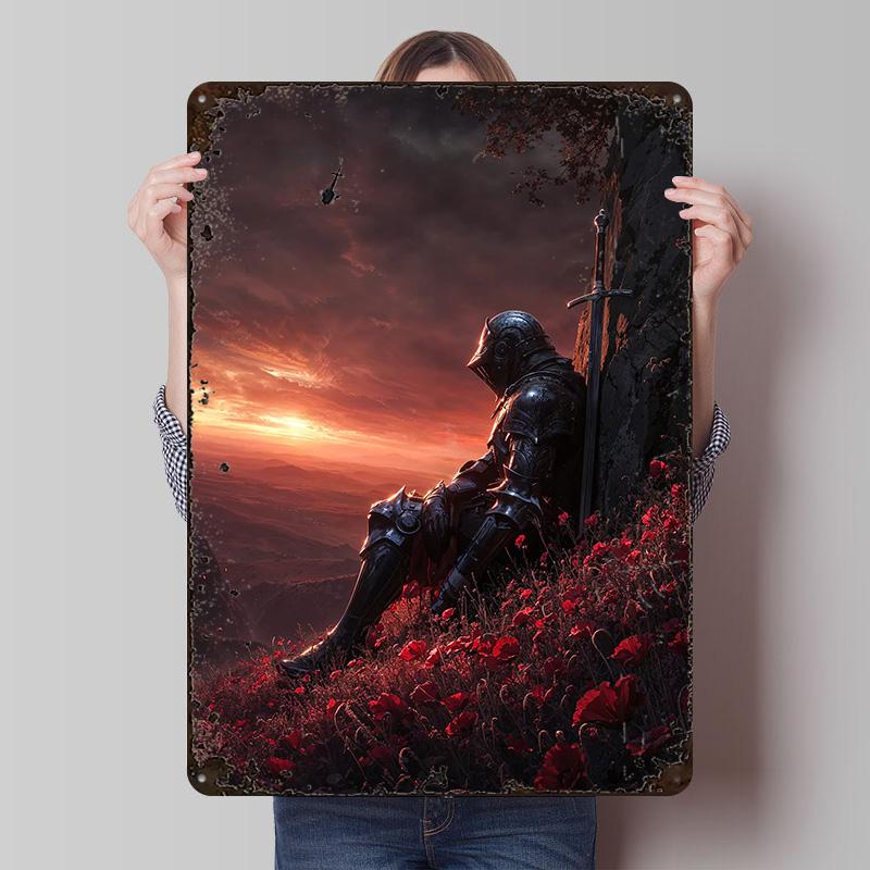 Medieval Knight in Poppy Field Metal Poster Customized Wall Art Retro Vintage Tinplate Signs for Man Cave Living Room Decoration