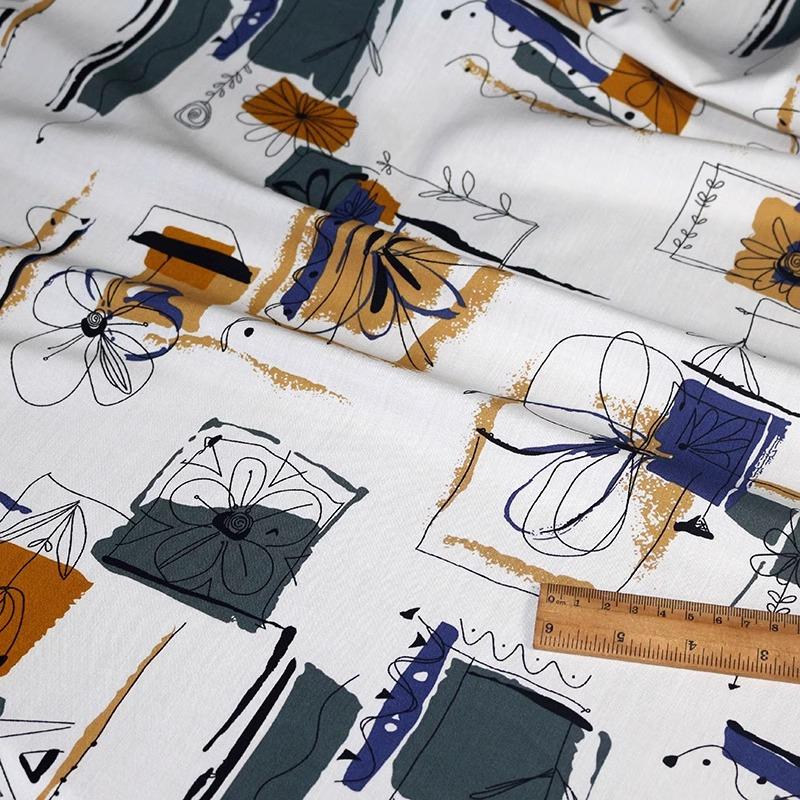 Flower Printed Rayon Viscose Fabric Soft By The Meter for Skirts Pajamas Clothes Cheongsam Diy Sewing Cloth Floral White Green