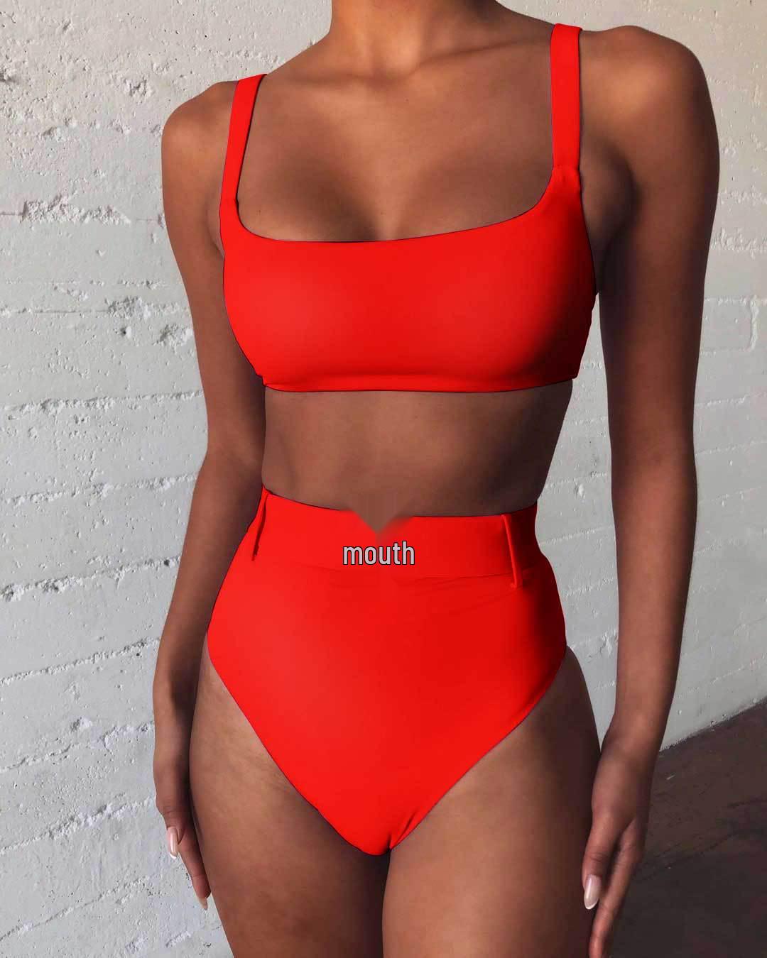 

Shencai Сексуальное бикини с высокой талией и искусственными бриллиантами - Европейский и американский дизайн однотонного цвета (ZY075) Medium красный