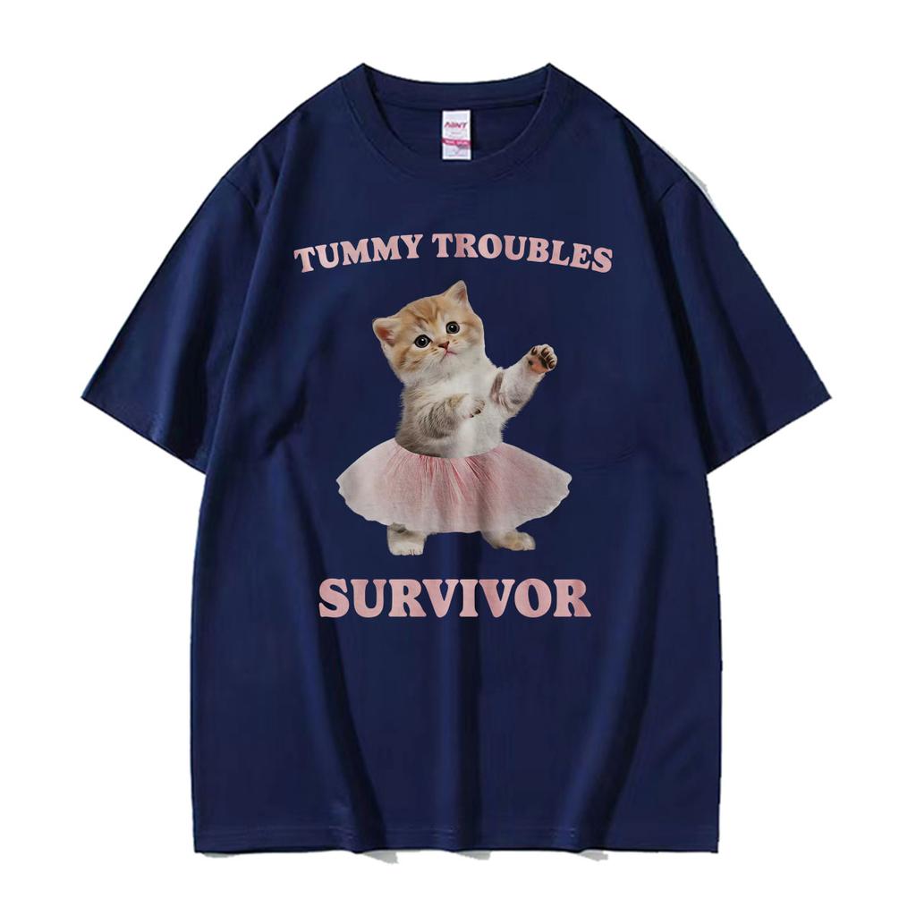 Tummy Troubles Survivor Funny Cat Meme Graphic T Shirt Unisex Unisex Fashion Humor Kawaii Tshirts Cotton Loose High Quality Tshirt