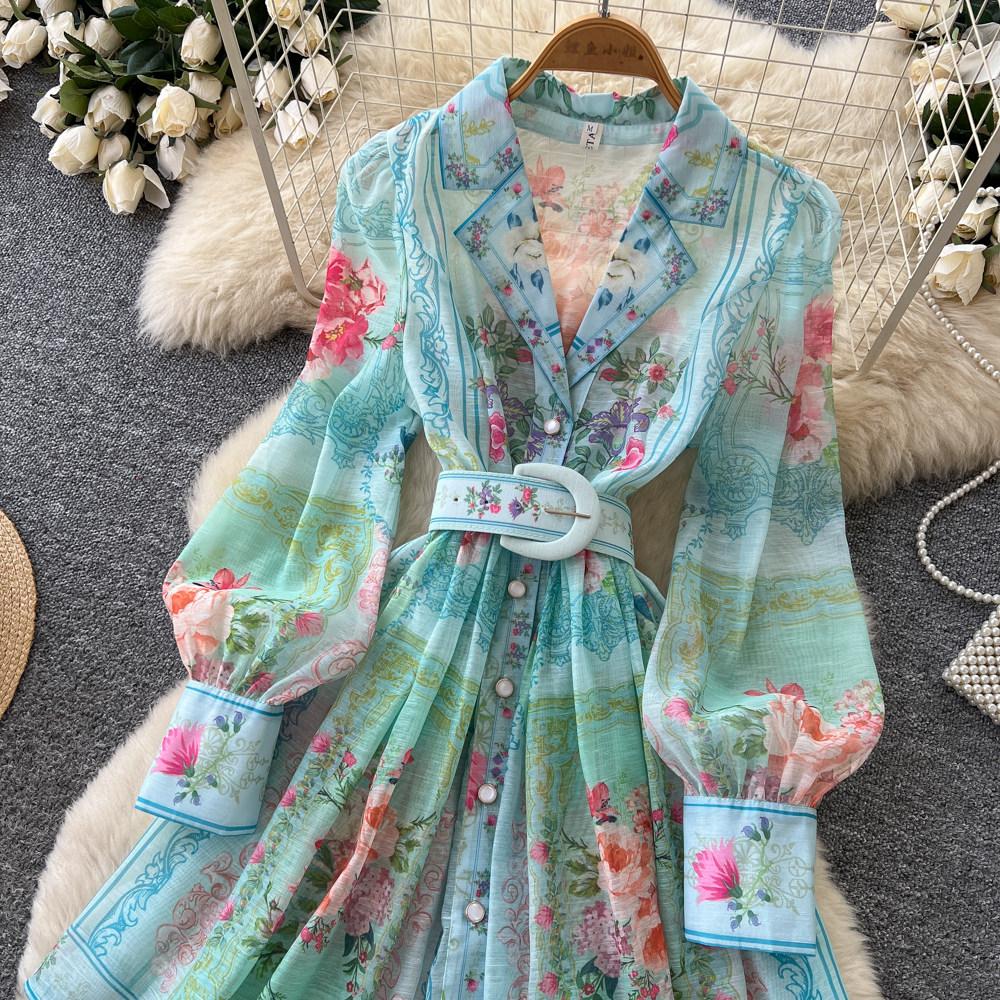 Vintage Women Single Breasted Gorgeous Flower Print Shirt Dress New Autumn Notched Collar Linen Boho Holiday A Linen Mini Dress