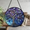 2D Flat Stained Glass Tree of Life Window Decoration, 7.87inches Blue Purple Elegant Design Colored Glass Plate with Chain, Charming Spring Summer