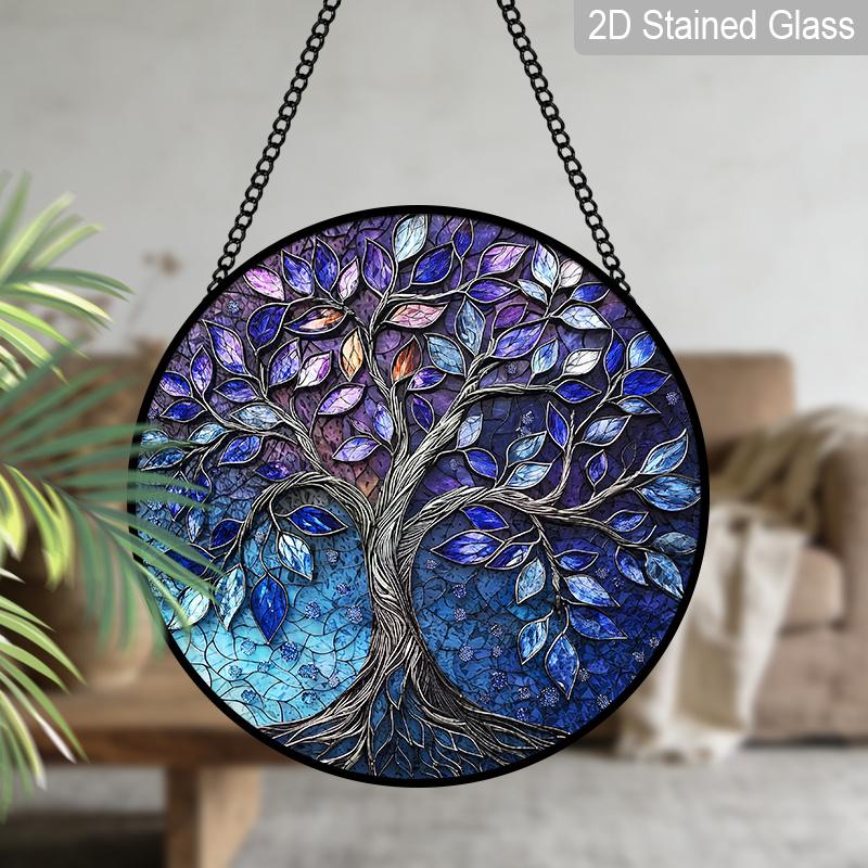 2D Flat Stained Glass Tree of Life Window Decoration, 7.87inches Blue Purple Elegant Design Colored Glass Plate with Chain, Charming Spring Summer