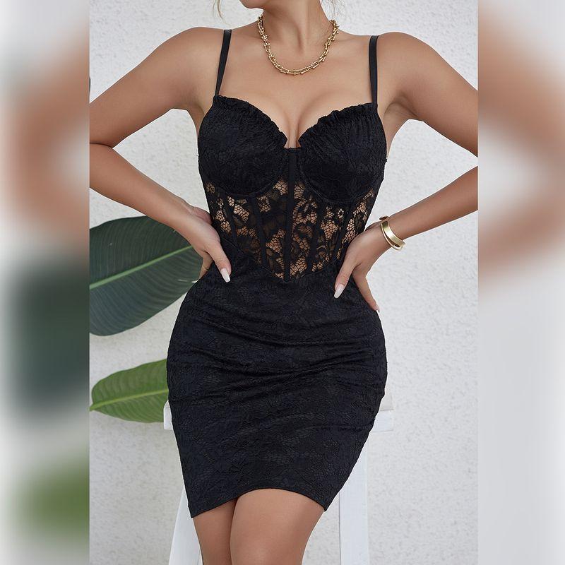 

Outfitgirl Black Lace Deep V Low-Cut Sling Dress Temperament Waist-Controlled Slimming Bodycon Dress Short Skirt for Women Black L