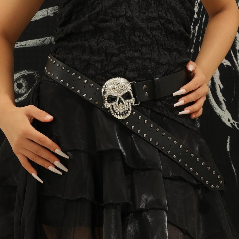 Rhinestones Skull Buckle Belt for Women Men with Rivet Studded Hiphop Belt for Jeans Popular Rockers Waist Accessories