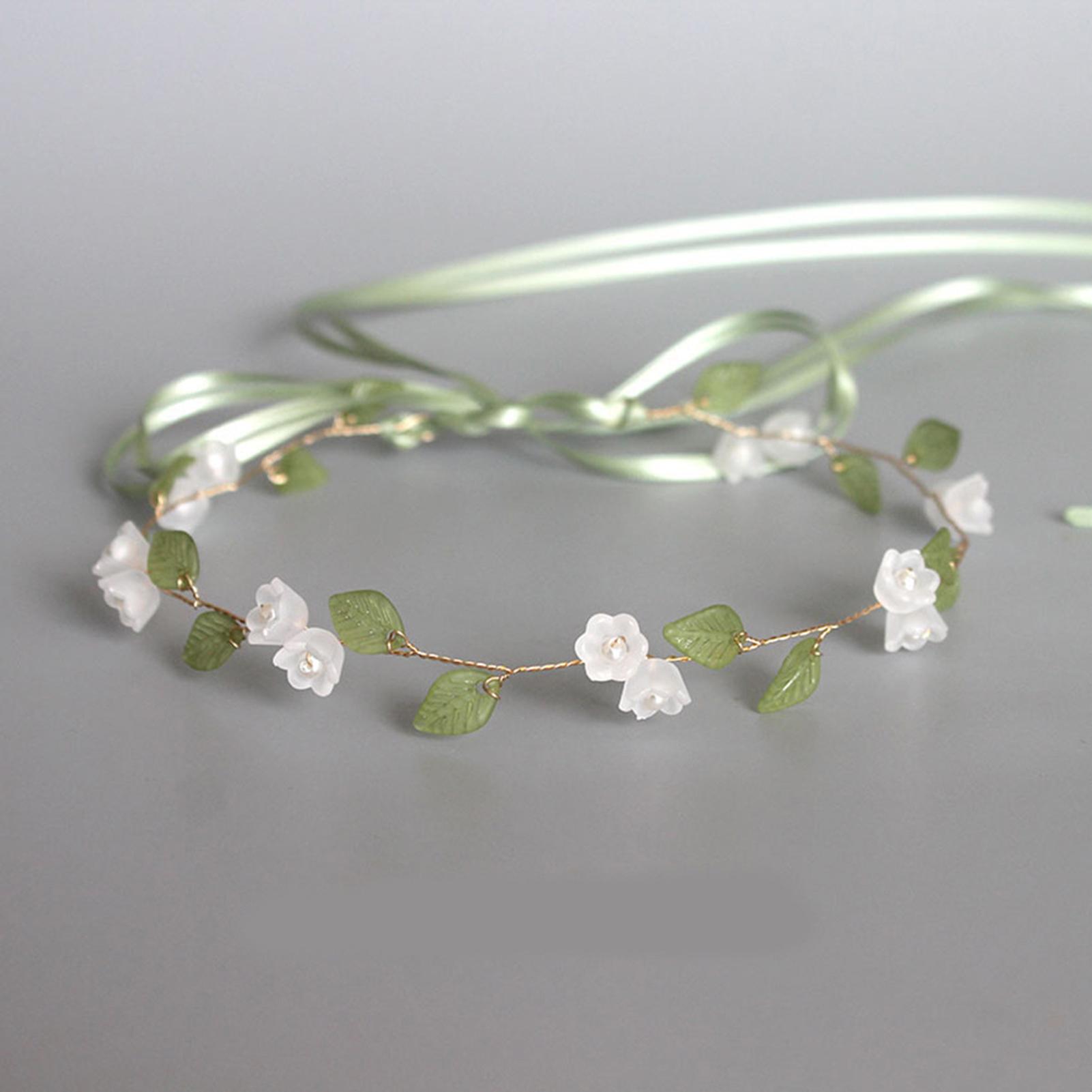 Simulated Flower Hairband Wedding Hair Accessories For Women Pearl Tiaras Bridal Headbands With Green Ribbon Hair Jewelry