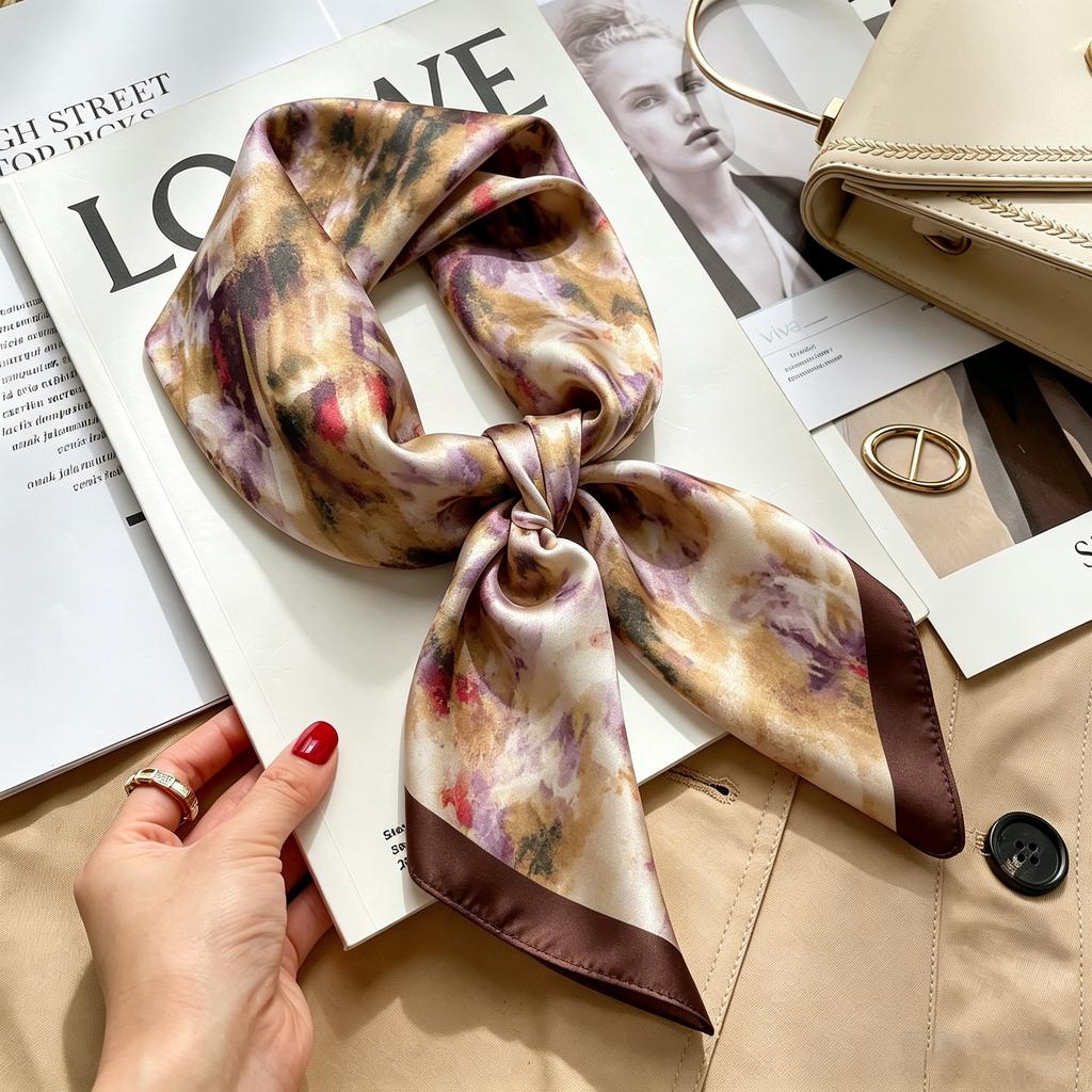 Commuter elegant flower silk scarf women's contrasting color retro printing satin scarf shirt with multi-purpose decorative small scarf
