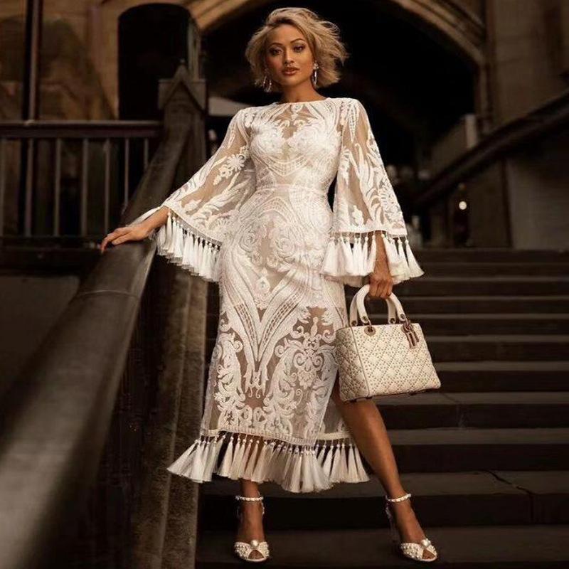 

Elegant Lace Embroidery Tassel Evening Dress - Women s Two-Piece Set XL