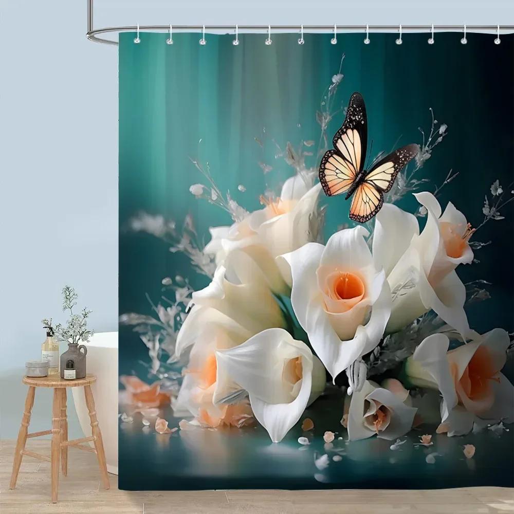 ~O~Pretty Floral Shower Curtain Blooming Flower Butterfly Lotus Polyester Fabric Home Shower Curtains Bathroom Decor With Hooks