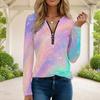 Women S Plus Size Front Zip Round Neck Long Sleeve Colorful Printed T Shirt
