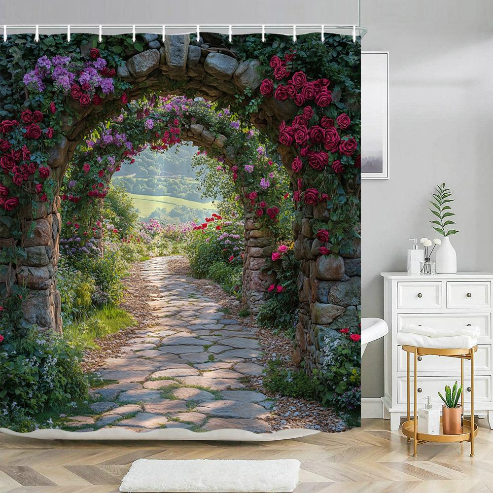 Shower Curtain: Enchanted Garden Path with Stone Archway and Blooming Roses for a Romantic and Scenic Bathroom Decor