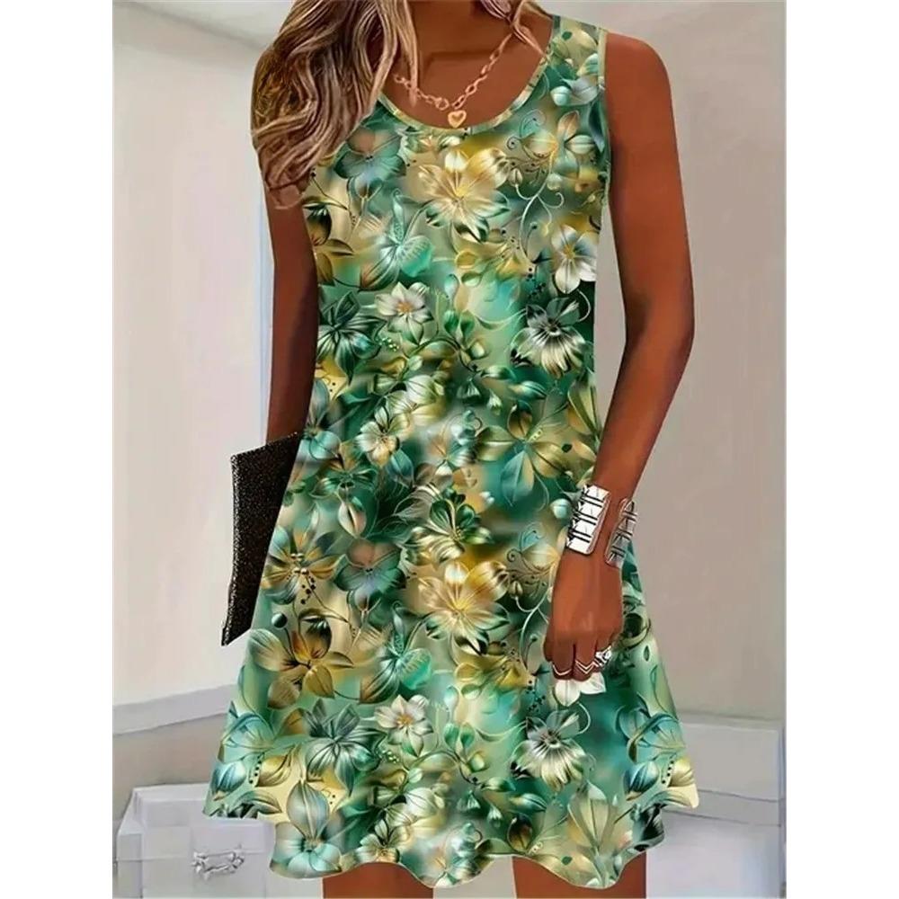 Red Rose Flower Print Dress Summer Women Fashion Sleeveless Loose Mini Dress Casual O-Neck Pocketless Plus Size Dresses