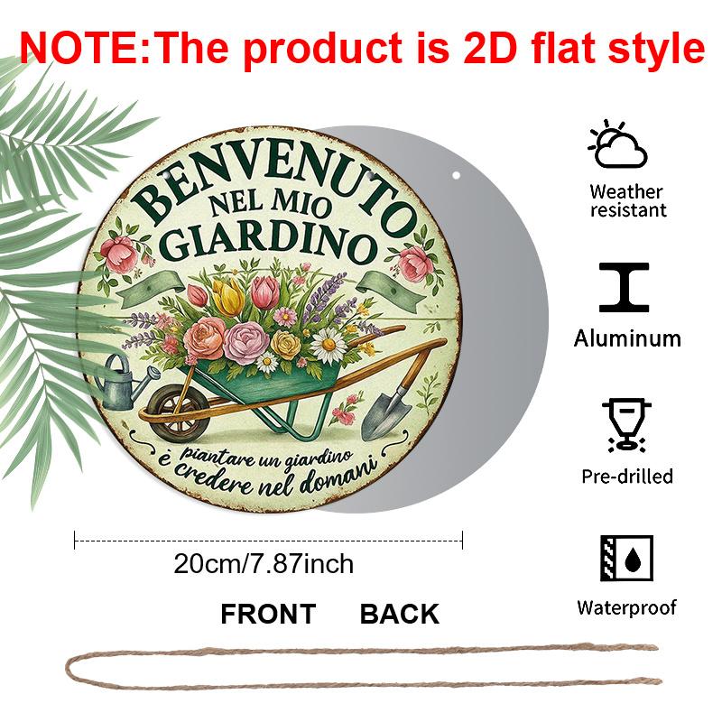 2D Flat, 1pc 7.87x7.87 Inch Round Italian Aluminum Sign, Vintage Decorative Plaque with "Welcome to My Garden" Design, Garden Theme, Suitable for