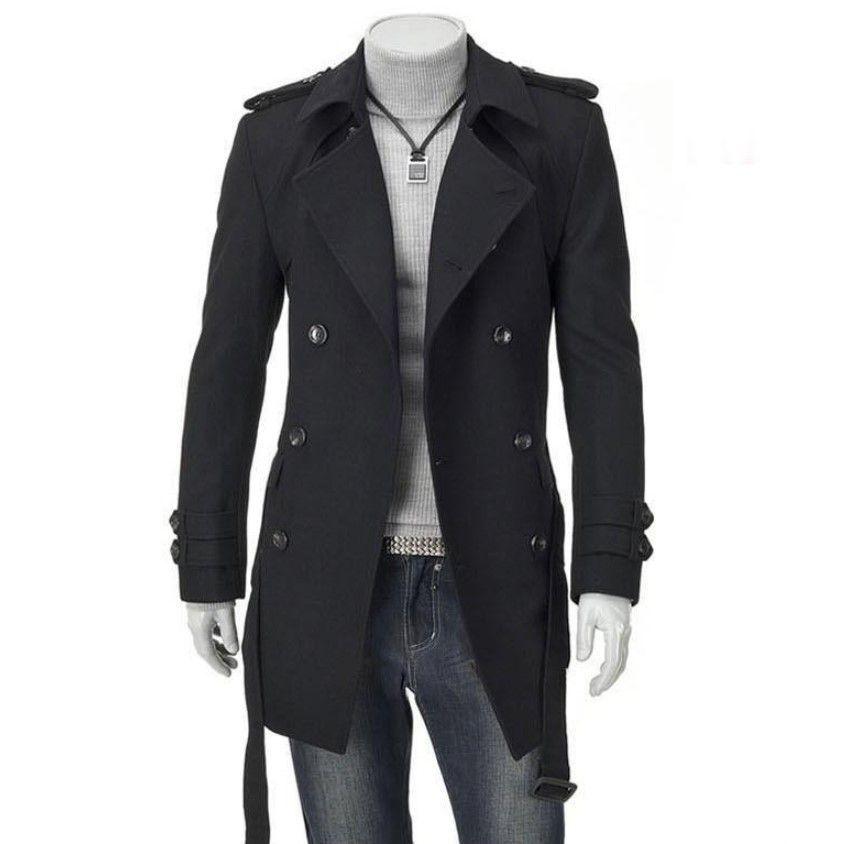 Korean Style Men's Autumn/Winter Double-Breasted Wool Coat with Shoulder Badge