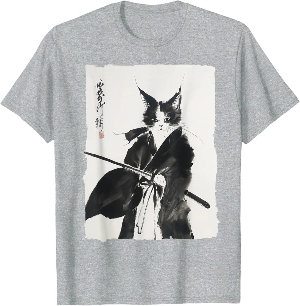 2025 Men's Summer Samurai Cat Art Pattern Harajuku T-shirt Y2k Comfortable and Loose Top