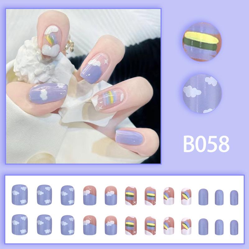 24 Pieces  Dream Purple with Clouds, Rainbow Pattern Nail Art Pieces, Advanced Fresh and Cute Fake Nails, Wearing Nail