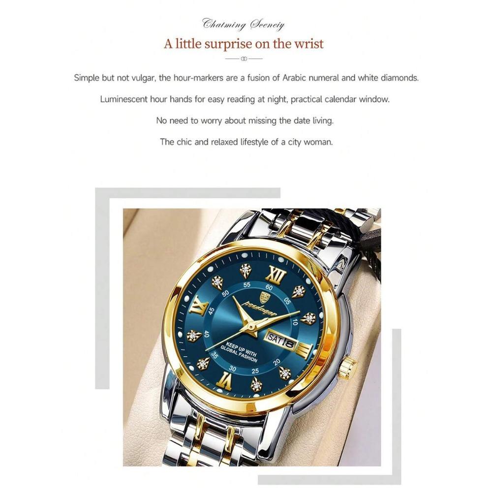 POEDAGAR Damen Edelstahl Dail Elegante Wasserdichte Leuchtende Quarz Datum Armbanduhren, Modische Damenuhr