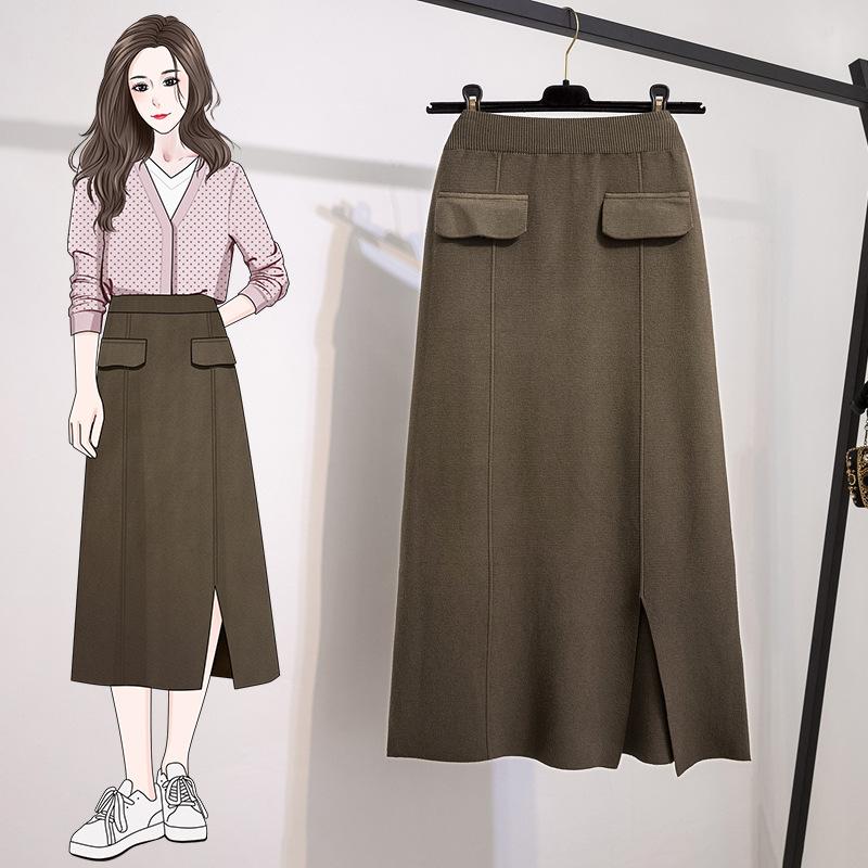 Designový rozparek Elastický pas Pletená sukně pro ženy V zimě Velká velikost Tlustá Mm Vysoký pas Zeštíhlující Rovná Midi sukně