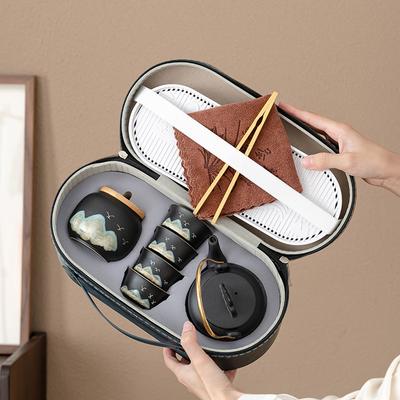 Coarse Pottery Travel Tea Set Outdoor Camping Portable Black Pottery Express Customer Cup One Pot Four Cups Storage Bag Business Gifts