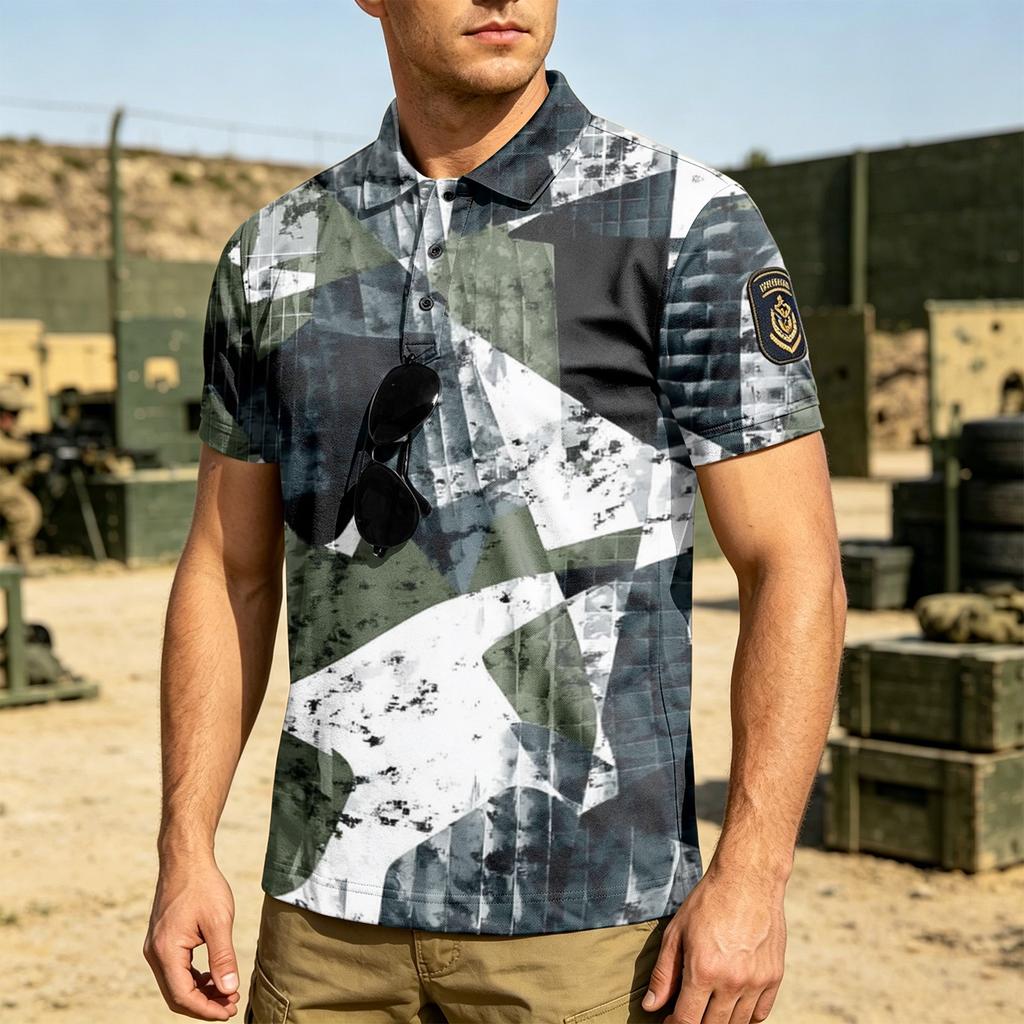 Men Tactical Polo Shirt Loose Fit Short Sleeve Breathable Outdoor Quick Dry Camouflage Print Velcro Patch Design Lapel Collar Top