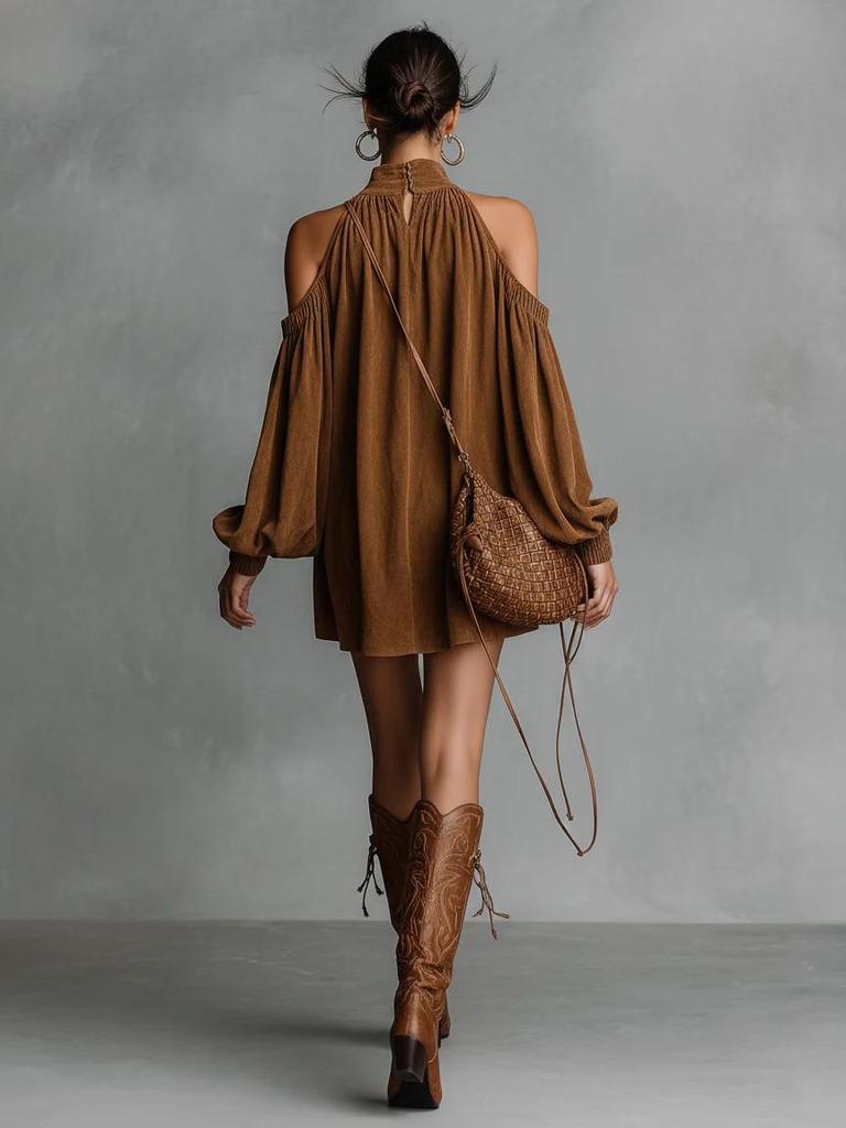 2025 Euro-American Chic Off-Shoulder Mini Dress with Suede Lantern Sleeves & Halter Neck
