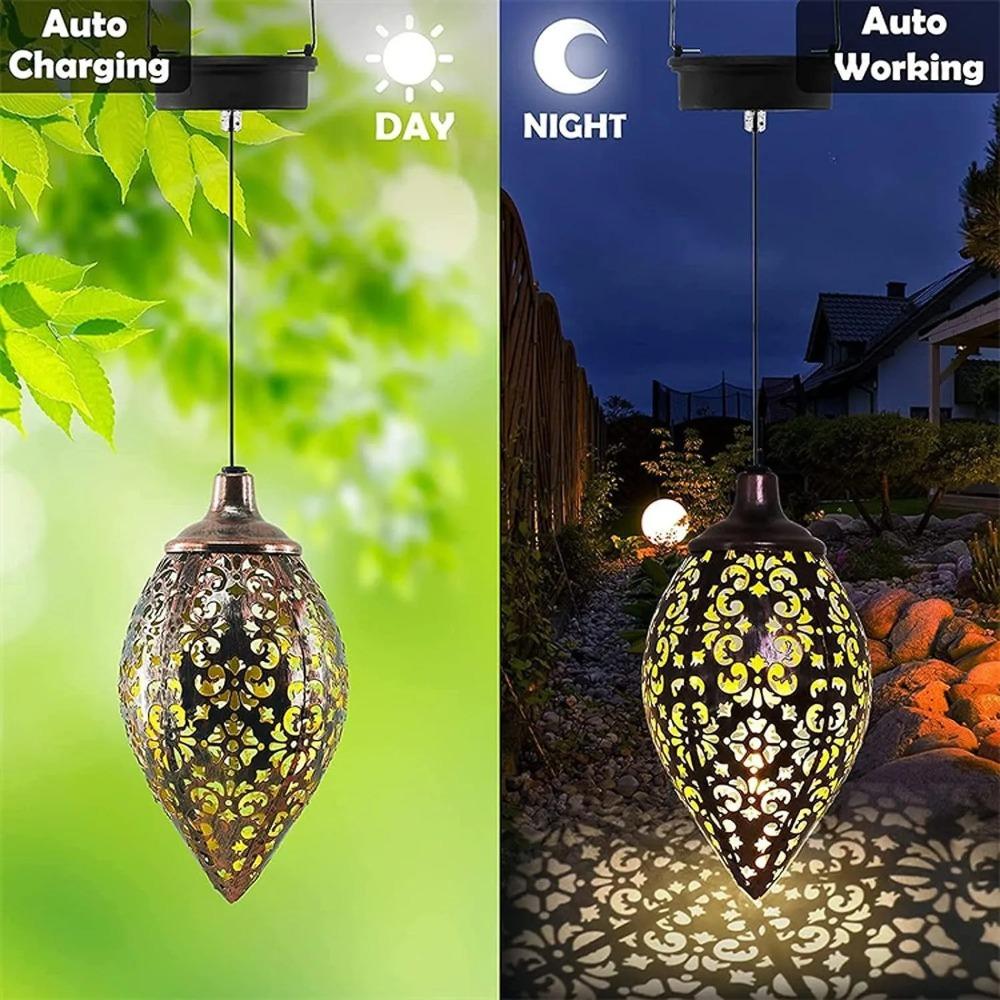 Solar-Powered Metal Olive Ball Water Drop Pendant Light Outdoor Garden Landscape Lamp Festive Decorations