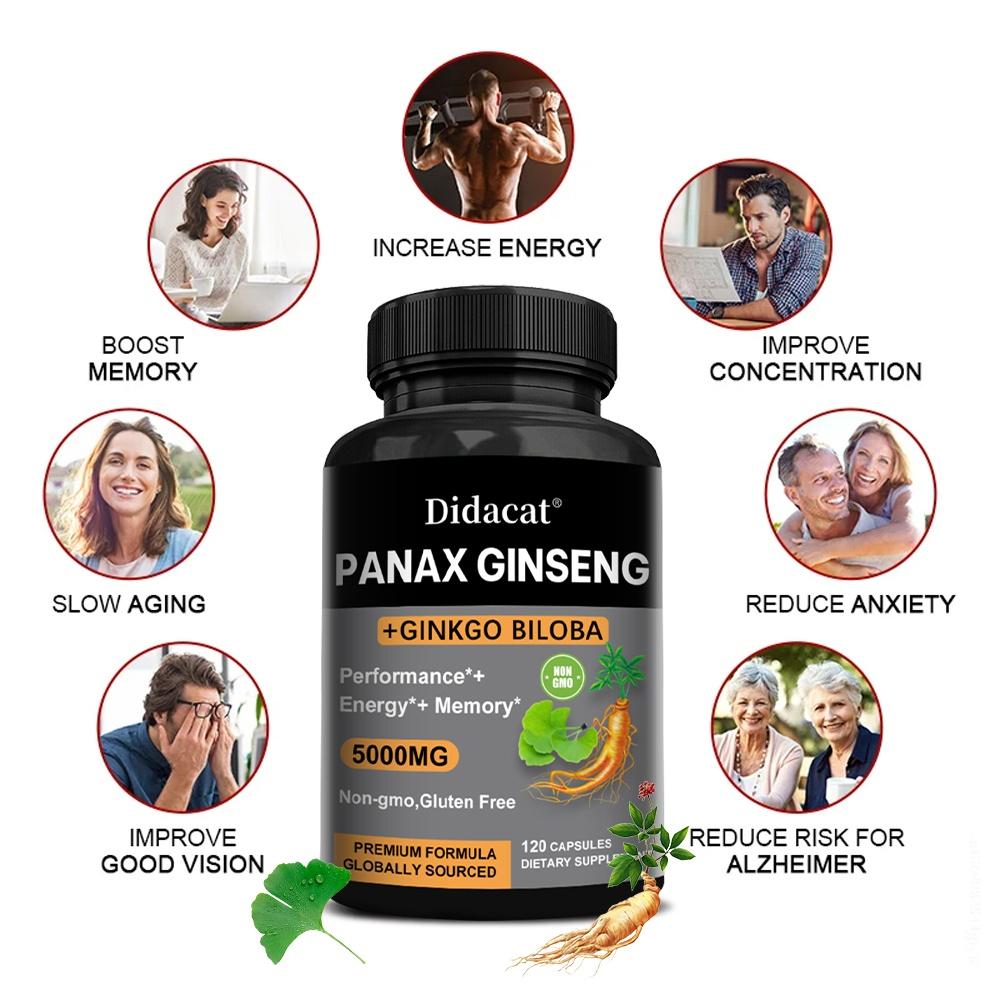Didacat Panax Ginseng 5000mg with Ginkgo Biloba, Performance Energy & Memory Support, 120 Capsules