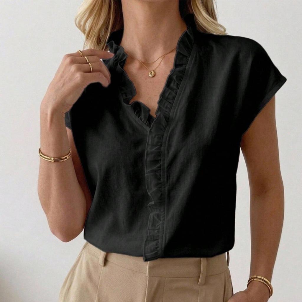Women's Summer Solid Color V-Neck Lace Short Sleeve Top Fashion Casual T-Shirt 2026 New