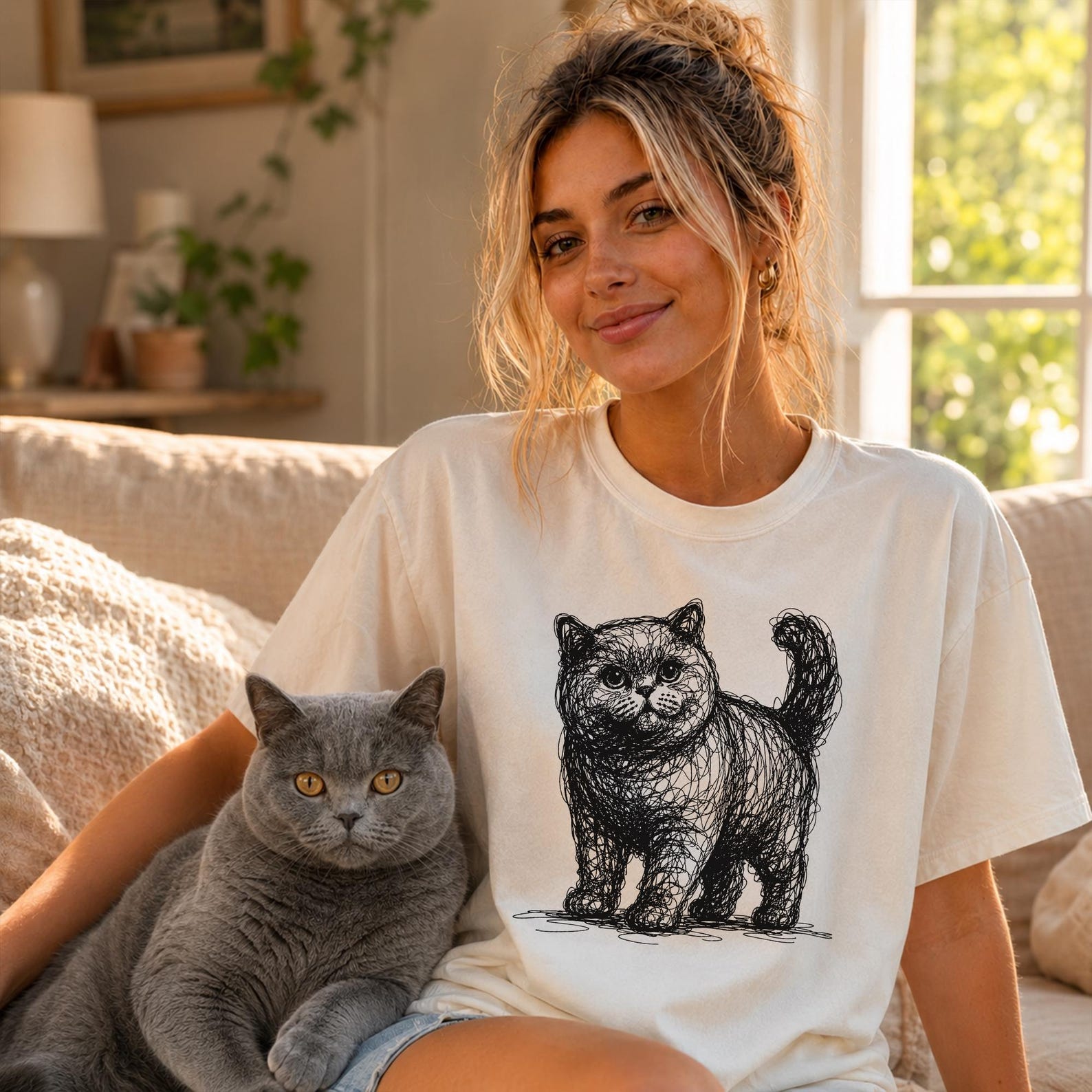 British Shorthair Cat Line Art Shirt, Minimalist Scribble British Blue Sketch Tee, Abstract Cat T-Shirt, British Shorthair Mom Gift L
