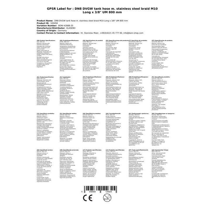 Connection Hose DN8 - KLASEBO - 800 Mm M10 X 3/8" - Stainless Steel AISI304L - DVGW Certified Silicone - Pressure 20 Bar