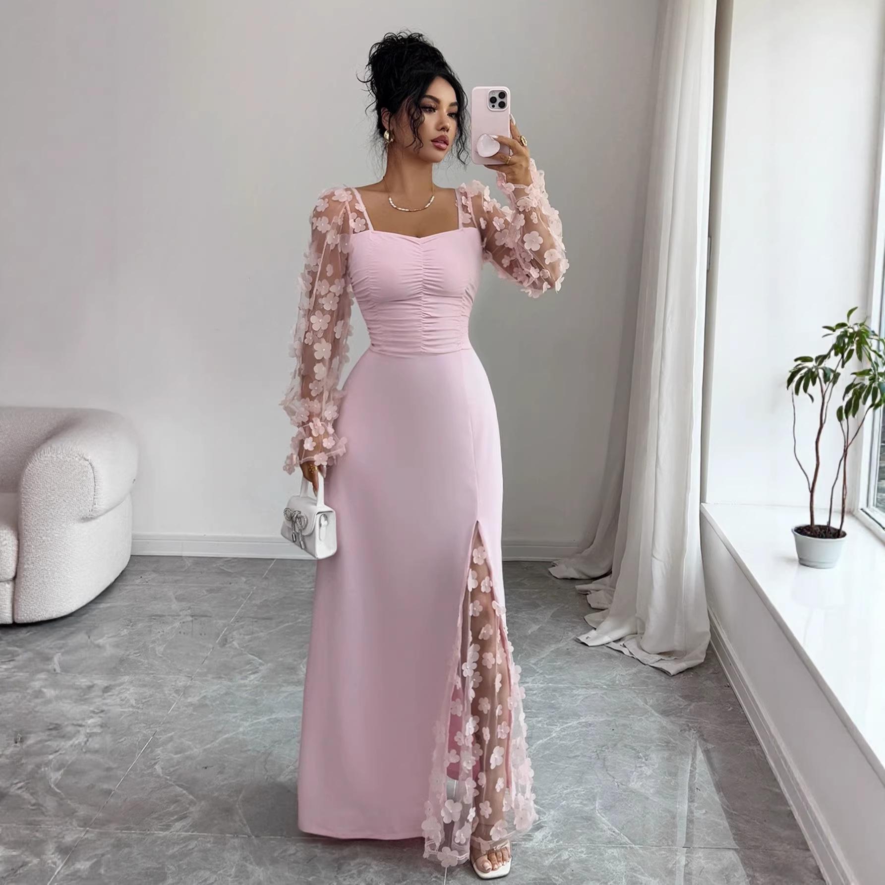 Элегантное европейское кружевное пэчворк платье с длинным рукавом - Женская высококлассная мода 2026 L розовый