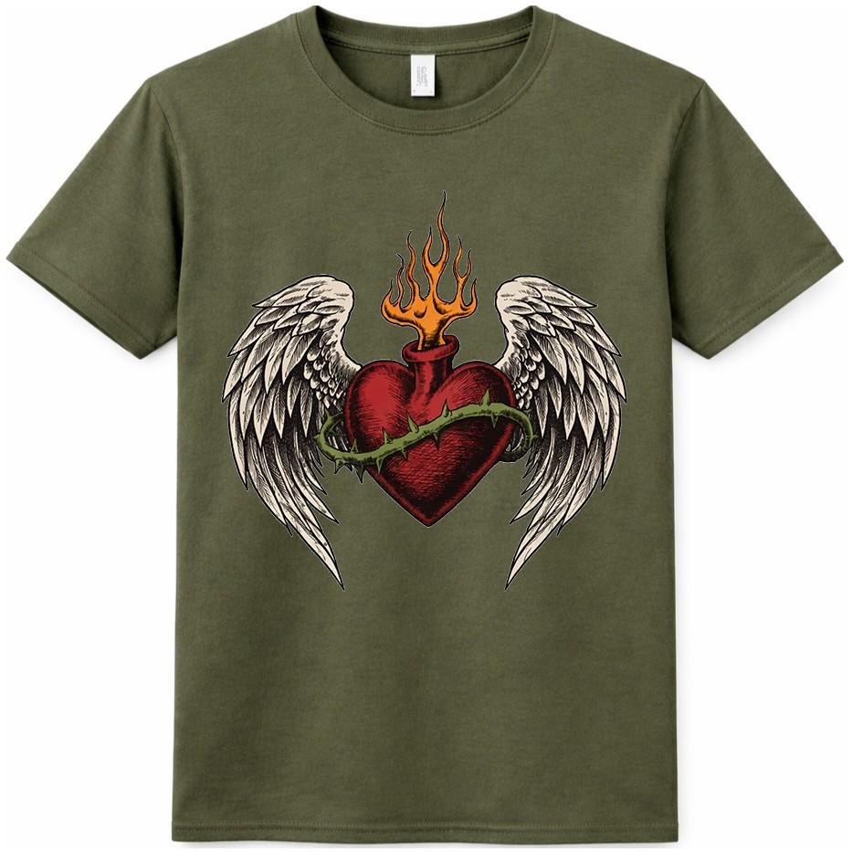 Flaming Heart T Shirt Angel Wings Tattoo Style Biker Gothic Graphic Tee