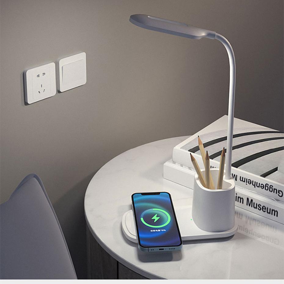 Inductive charger, LED desk lamp, white container, cable, adjustable