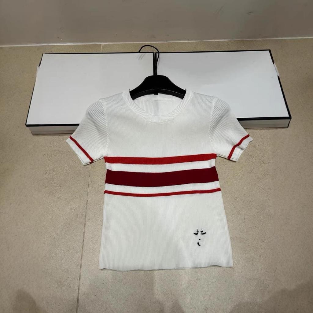 Brand New Embroidered Stripe Color Block Round Neck Knit Short Sleeve Summer Slim Fashion Top