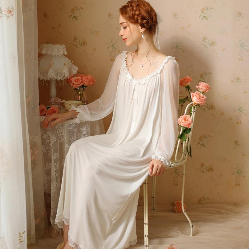 

Длинная пижама в стиле феи во французском стиле в стиле ретро для девочек, милая ночная рубашка принцессы для женщин, длинная белая ночная рубашка, утреннее платье M белый