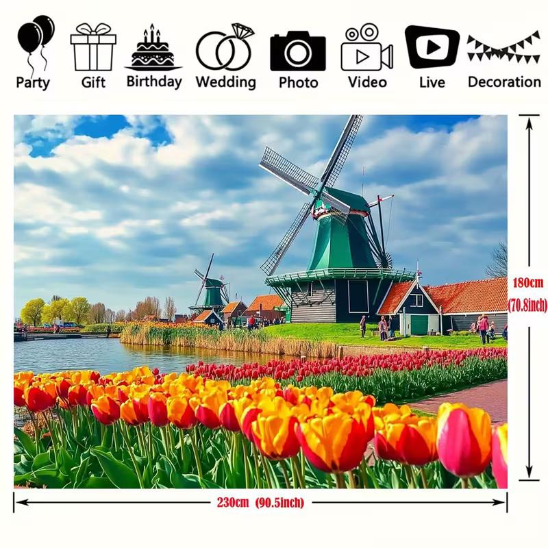 2D Dutch Windmill Tulip Scene Wall Tapestry, Spring Holland Countryside Backdrop for Living Room