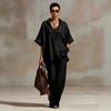 Women's Summer/Fall Casual Relaxed-Fit Solid-Color Shirt and Wide-Leg Pants Set