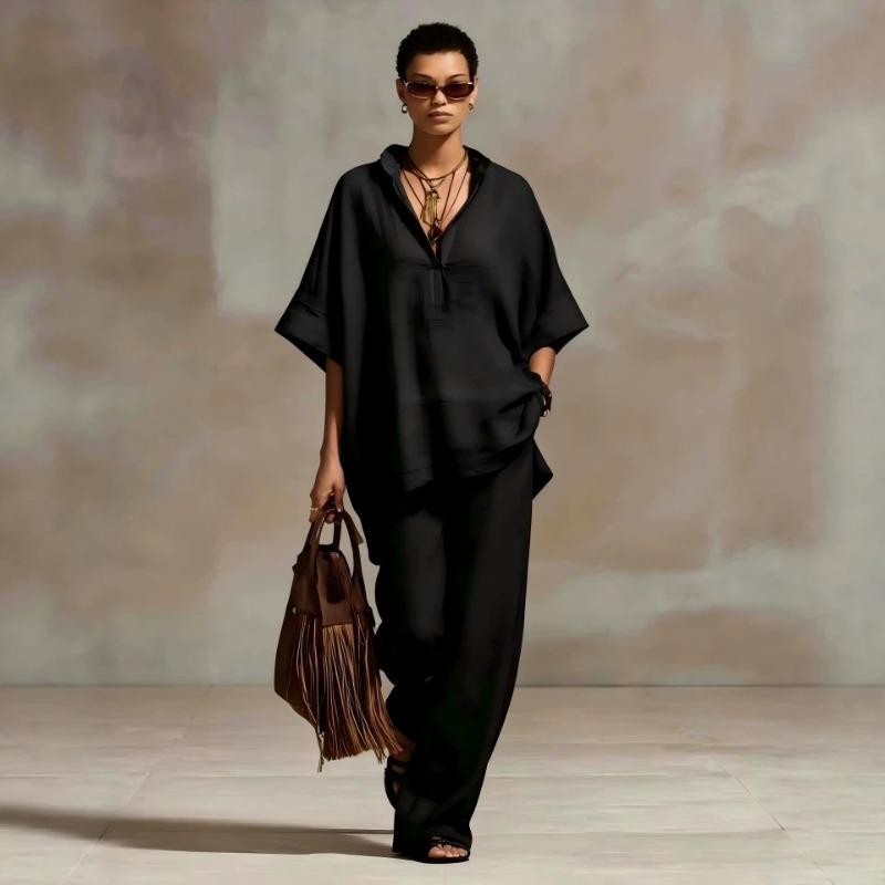 Women's Summer/Fall Casual Relaxed-Fit Solid-Color Shirt and Wide-Leg Pants Set