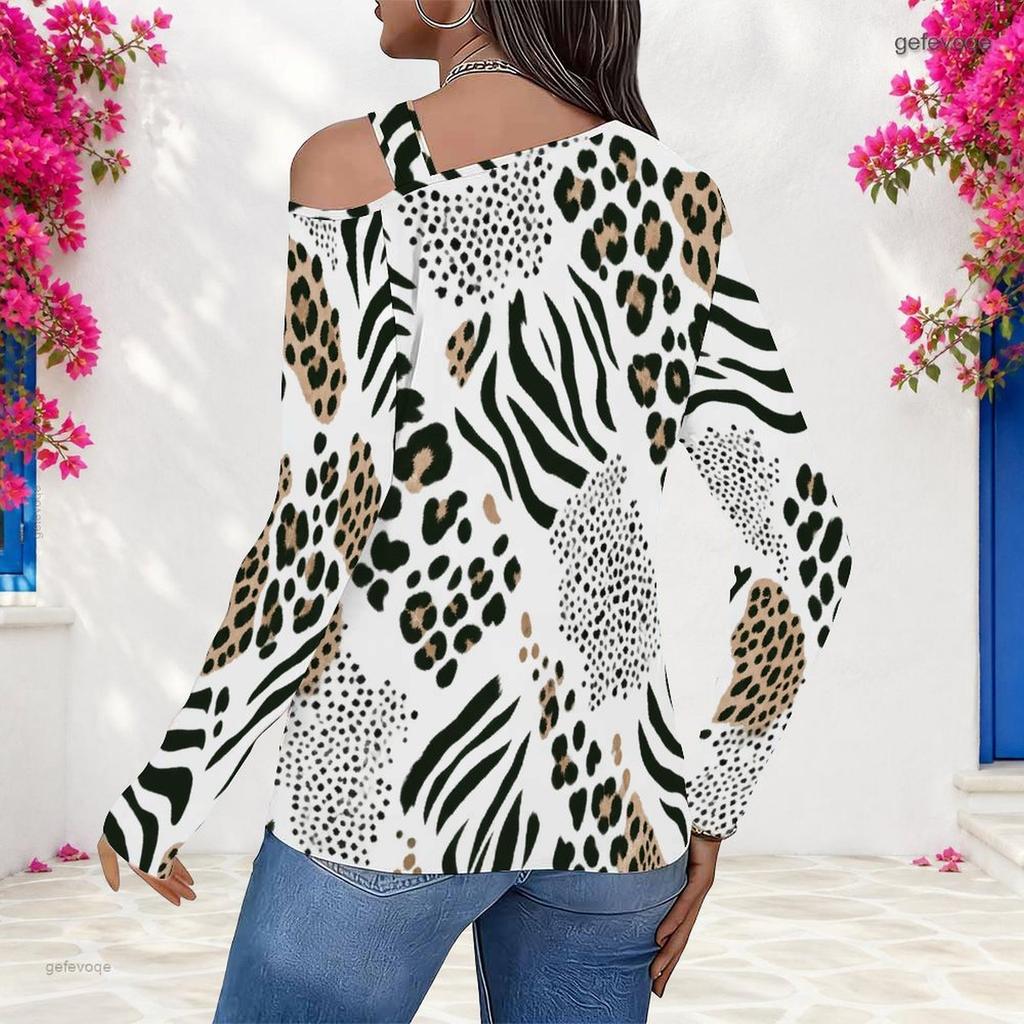 Women Plus Size Leopard Printed Asymmetric Cutout Neck Cold Shoulder Long Sleeve Fitted Top