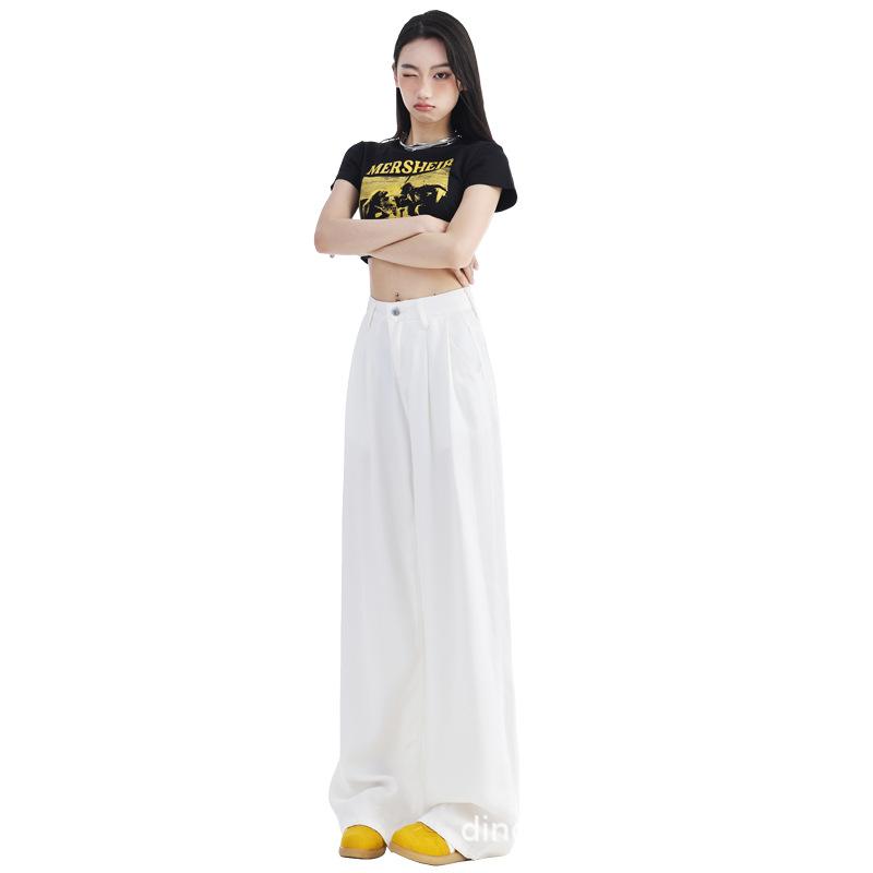 White Tennis Wide-leg Jeans for Women In Summer Thin High Waist Drape Slim Pear-shaped Body Straight Ice Silk Pants
