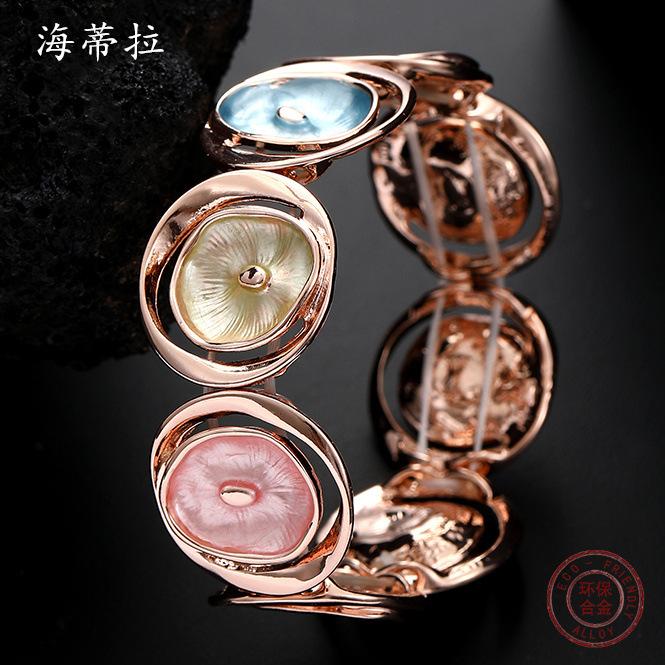 Color Painting Oil Round Hollow Flower Bracelet, Small Fresh Lady Summer Flower Elastic Bracelet