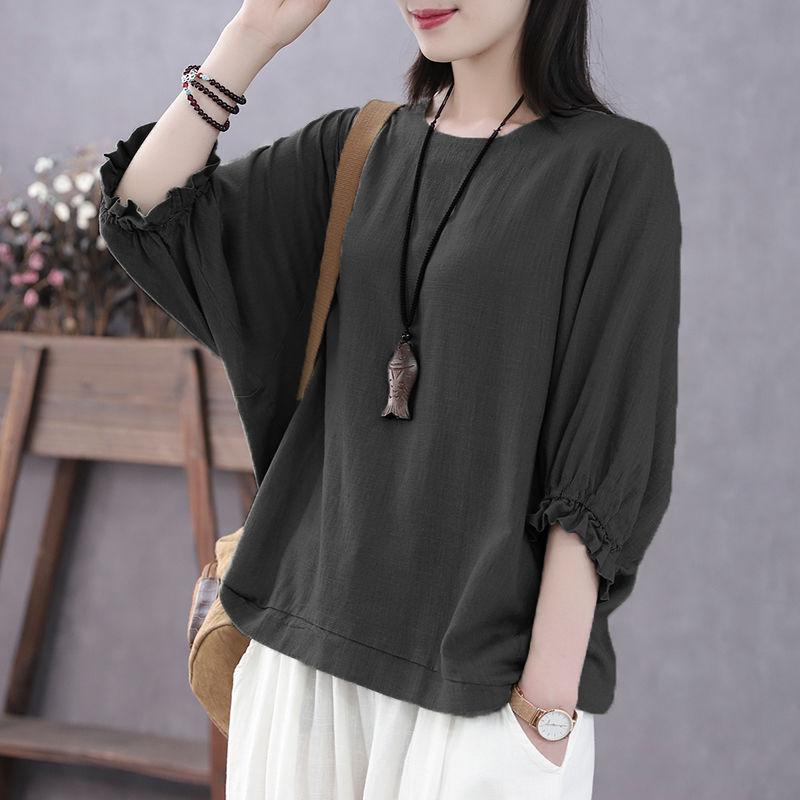 Loose Round Ne Bat Sve Top Pure Color Women's T-irt Polyester Fabric Batwing Sve Casual Comfortable Summer Top