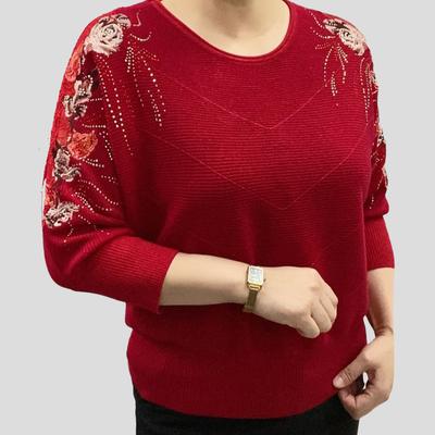 Women's Round Neck Plus Size Knit Sweater Loose Fit Three-Quarter Sleeve Embroidered Sweater Knitted Pullover Top