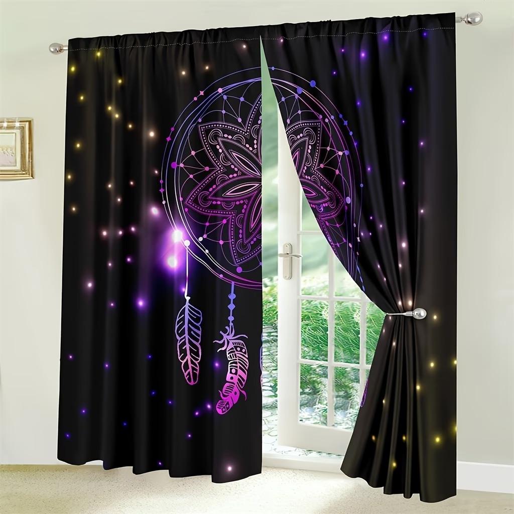 2 Pieces of Dreamcatcher Curtains, Rod-Pocket Style Polyester Blackout Fabric Curtains, Purple Galaxy Star Print Light-Filtering Curtains